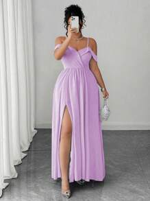 Elenzga 大码女式细肩带露肩连衣裙，优雅开衩礼服 - 淡紫色 - 查看 1
