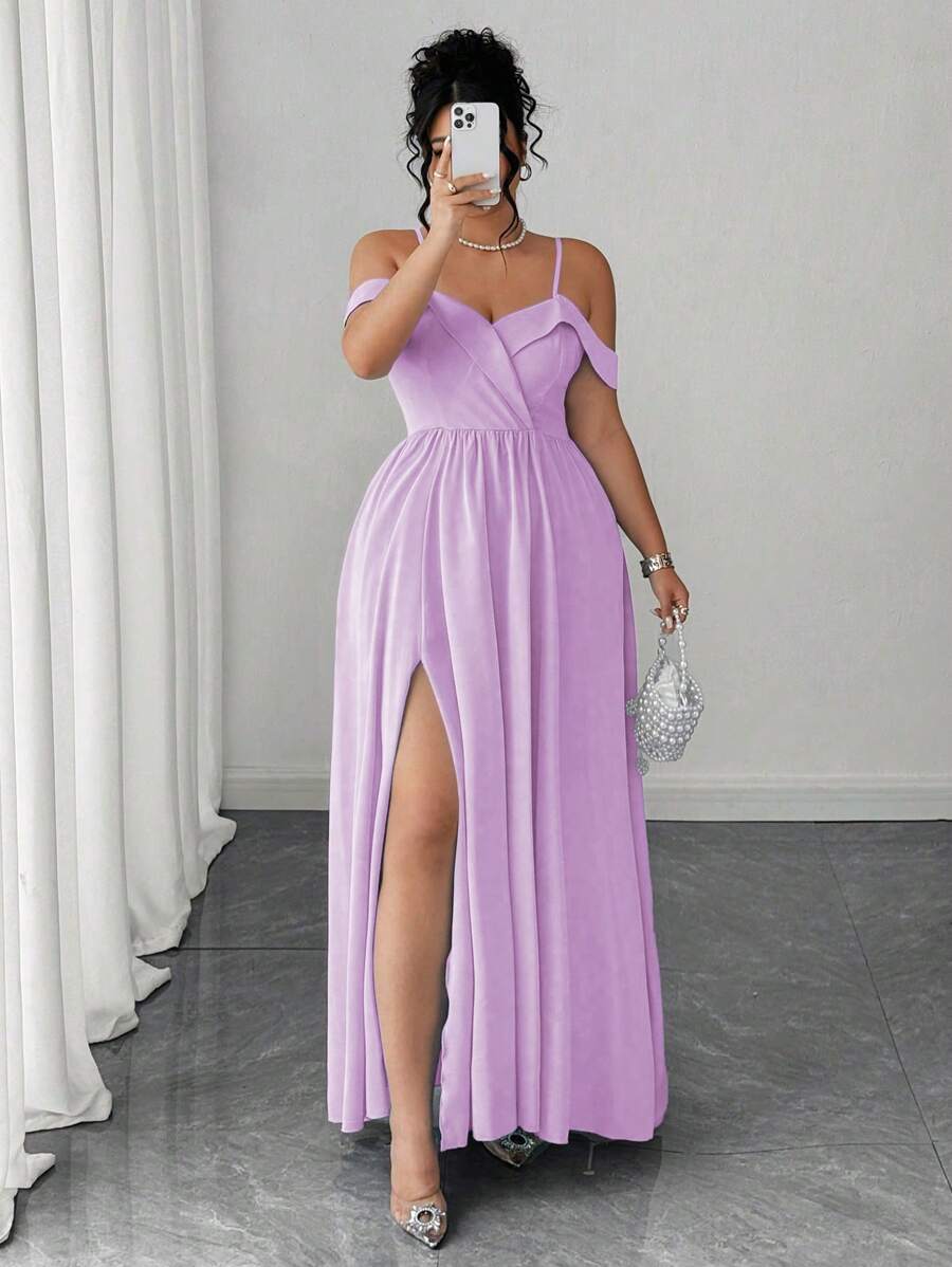 Elenzga 大码女式细肩带露肩连衣裙，优雅开衩礼服 - 淡紫色 - 查看 1