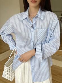 DAZY 休闲条纹宽松女式通勤衬衫 - 藍色 - 查看 5
