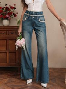 SHEIN Unity Fashion Women Straight Leg Floor Length Denim Jeans - Blue - View 7
