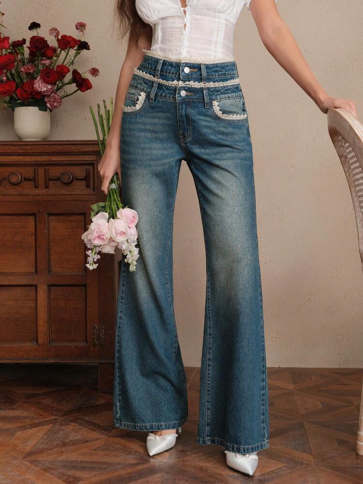 Fashion Women Straight Leg Floor Length Denim Jeans