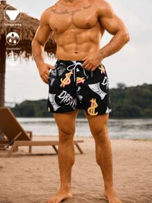 Surfspeed Men's Casual Full Print Drawstring Beach Shorts - Black - View 3