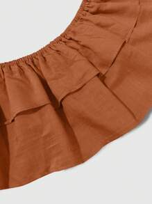 Set de 2 piezas de top con hombros descubiertos y pantalones de pierna ancha de talla grande para mujer - Óxido marrón - Ver 3