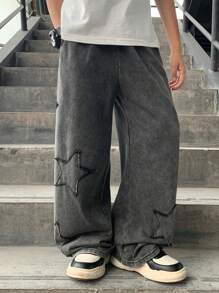 SHEIN Tween Boy 休闲街头风格星星图案刺绣保暖内衬直筒慢跑裤，适合通勤、上学、日常休闲、运动装，四季皆宜 - 黑色 - 查看 3