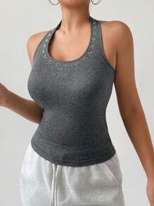 DAZY Top de tirantes con escote halter con decoración de remaches para mujer, ideal para verano y uso al aire libre - Gris - Ver 6