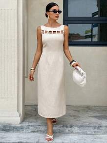 Siren Gaze Vestido sem mangas com decoração de miçangas e corte A para o verão - Damasco - Ver 3