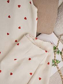 SHEIN 大码女式心形印花圆领无袖上衣和裙子两件套 - 杏色 - 查看 3