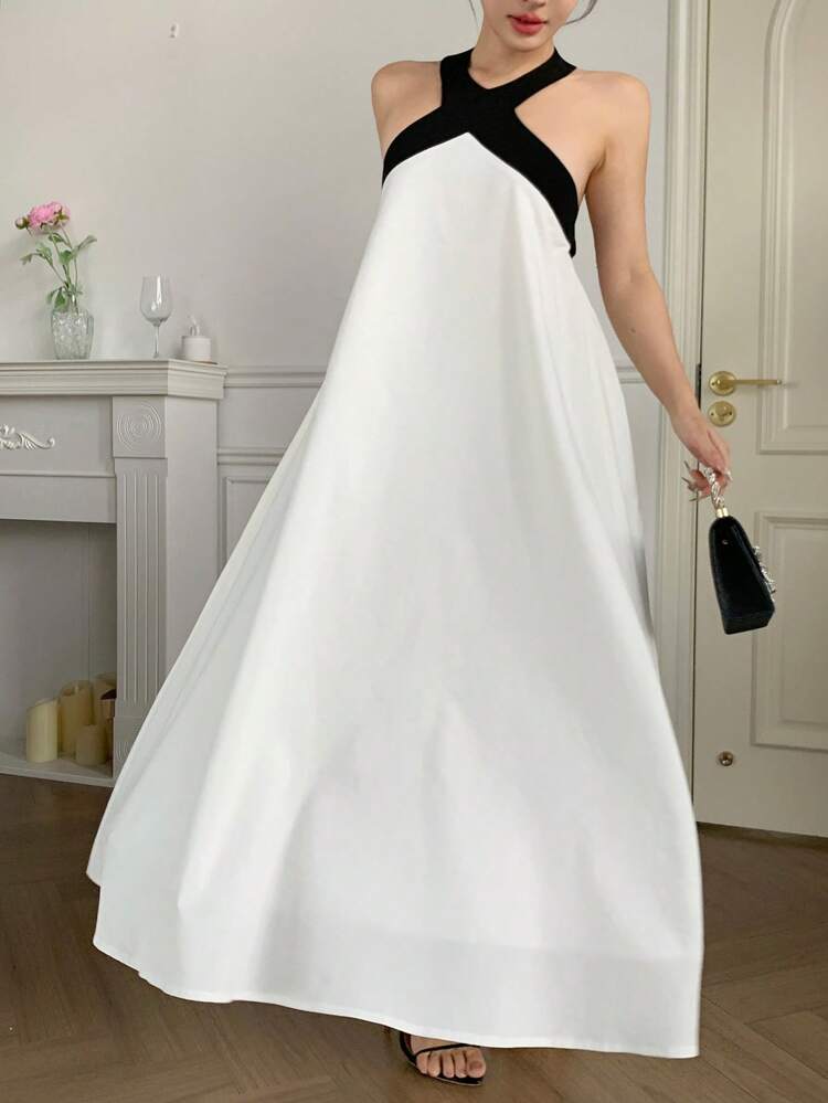 Women's Sleeveless Color Block Casual Loose Mid-Calf Dress