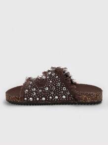 Solecia Women Round Toe Brocade Fringed Double-Buckle Flat Comfortable Casual, Party, Commuting Fashion Versatile Shoes For Christmas