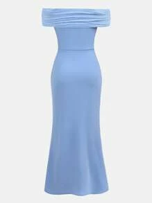 Pitira Pitira Teen Girls' Off Shoulder Ruched Fitted Dress, Elegant Wrap Waist, Suitable For Spring, Summer, Autumn, Winter, Parties, Gatherings, Prom, Back To School Sky Blue Dress Long Blue Dress Baby Blue Dress Off Shoulder Dress Floor Length Dress Long Blue Dress For Teen Baby Blue Dress Girl Fall - Blue - View 2