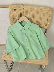 SHEIN Unity Áo sơ mi nữ tay ngắn hở vai thêu nơ sọc xanh, dáng lửng - màu xanh lá - Xem 3