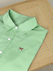 SHEIN Unity Áo sơ mi nữ tay ngắn hở vai thêu nơ sọc xanh, dáng lửng - màu xanh lá - Xem 5