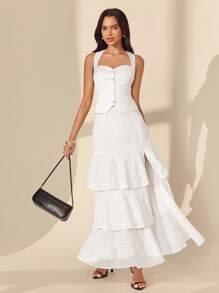 Almamuse Women High Waist Embroidered White Eyelet Skirt,Elegant Classy Summer Vacation Holiday Layered Ruffled Slit Tiered Ruffle Skirts Fall Cloth For Women - White - View 3
