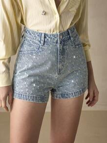 SHEIN BAE Damen Skinny Lässig Jeans-Shorts mit Taschen - Blau - Übersicht 3