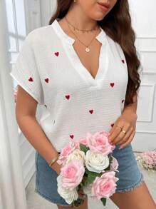 Breezaya Plus Size Boho V-Neck Heart Embroidered Shirt, For Summer Work And Daily Wear