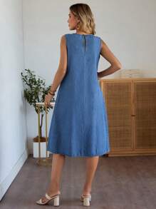 EMERY ROSE 新款女式牛仔连衣裙宽松A字裤装蓝色牛仔连衣裙秋季服装休闲外出服乡村演唱会服装 - 中等水洗藍 - 查看 3