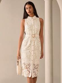 Lilora Vestido de encaje de longitud media con cuello de camisa sin mangas, elegante y bordado con diseño calado, adecuado para ir a trabajar, uso diario y fiestas, con estilo urbano, romántico y elegante para salir - Albaricoque - Ver 1