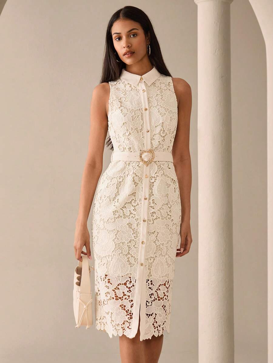 Lilora Vestido de encaje de longitud media con cuello de camisa sin mangas, elegante y bordado con diseño calado, adecuado para ir a trabajar, uso diario y fiestas, con estilo urbano, romántico y elegante para salir - Albaricoque - Ver 1