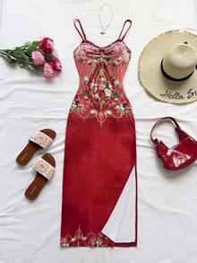 Soleia Women's Floral Print Lace Patchwork Elegant Spaghetti Strap Dress Red Summer Dress Red Floral Dress Vacation Dress Red Dress