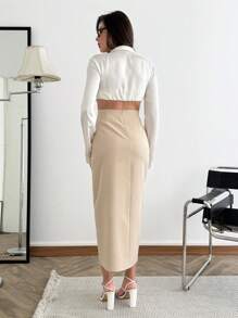 SHEIN Vrouwen effen kleur geweven voorkant asymmetrische knoop gedetailleerde midi lengte elegante kantoor zakelijke werk rok voorkant split dame onderkant