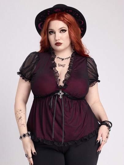 EDITION Vintage Kontrast Mesh Puff Ärmel Schleife Schleife Tiefer Ausschnitt Schwarz & Rot Große Größen Vampir Stil T-Shirt, Halloween