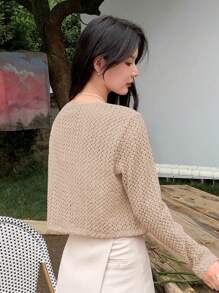 DAZY Women Spring Summer Long-Sleeved Hollow Out Front Lace-Up Crop Top Long Sleeve Women Tops - Khaki - View 2