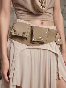 ROMWE Hippie 1pc Vintage Hippie Style Multi-Pocket Waist Bag With Rivet Decor Wide Waistband Belt For Women