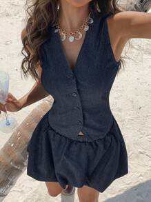 DAZY 2pcs/Set Women Summer V-Neck Sleeveless Top & Floral Mini Skirt Casual Denim Suit - Dark Wash - View 1