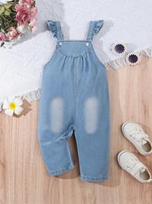 SHEIN Mono General Con Volantes Y Denim Para Bebé Niña - Lavado ligero - Ver 1