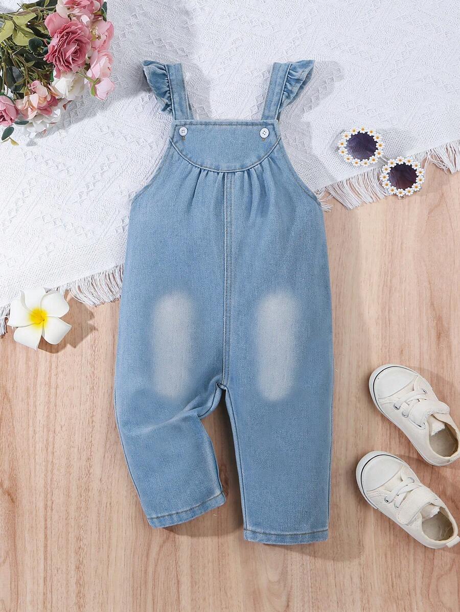 SHEIN Mono General Con Volantes Y Denim Para Bebé Niña - Lavado ligero - Ver 1