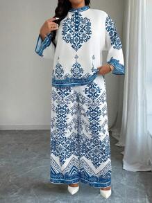 Elenzga 加大码女式衬衫长袖圆领纽扣领定位印花和直筒裤优雅休闲装 - 彩色 - 查看 7