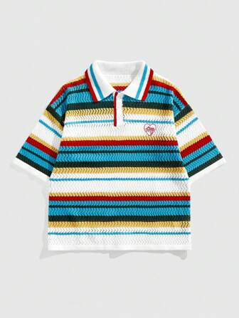 Street Life Men's Preppy Embroidered Pattern Loose Knit Polo Shirt, Knitted Short Sleeve Top