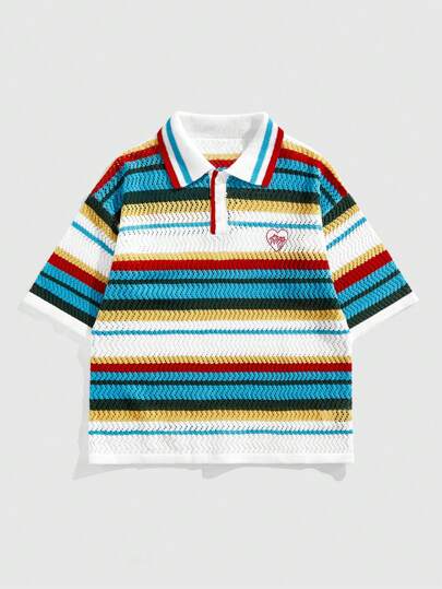 Men's Preppy Embroidered Pattern Loose Knit Polo Shirt, Knitted Short Sleeve Top