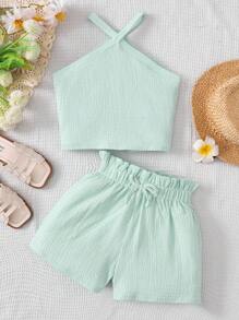 adolecent Filles 2 pièces ensemble décontracté: Top sans manches en tricot de couleur unie et short ample en tricot
