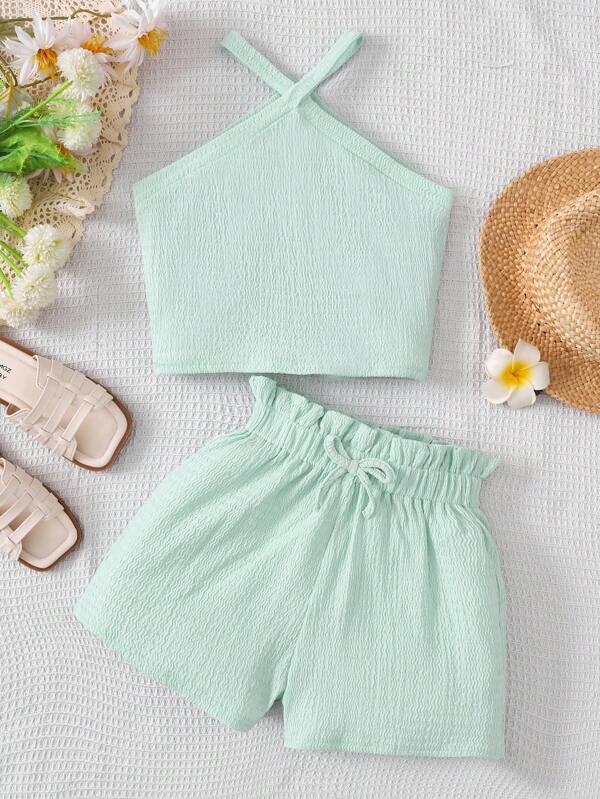 Conjunto informal de 2 piezas de niña preadolescente: Top sin mangas de punto de unicolor y pantalones cortos anchos de punto