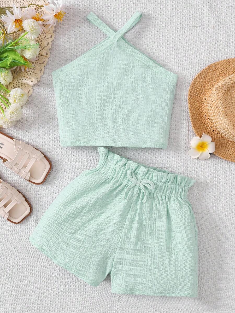 adolecent Filles 2 pièces ensemble décontracté: Top sans manches en tricot de couleur unie et short ample en tricot