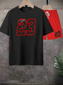 Manfinity Homme 夏季男士休闲数字印花T恤和短裤套装