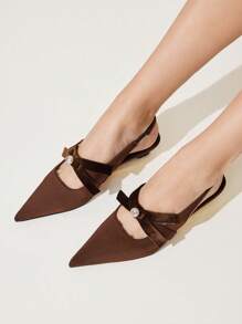 CUCCOO CHICEST New Summer Women Shoes, Elegant Romantic Pointy-Toe Wedge Heels With Pearl & Bow Decor, Chocolate Color, Suitable For Tea, Dates, Parties, Fashion Outfits - Brown - View 5
