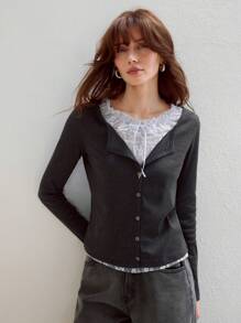 MOTF PREMIUM CONTRAST LACE BOW FRONT 2 IN 1 LONG SLEEVE TEE - Dark Grey - View 5