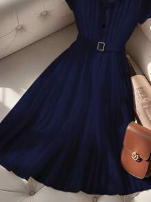 SHEIN Clasi Vestido de verano con cuello de polo plisado de gasa de estilo francés moderno y elegante de manga corta