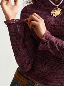 Bohemela Áo thun nữ cổ tròn tay dài in họa tiết Paisley cỡ lớn thời trang ôm sát - Màu tím - Xem 3