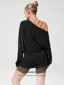 GLOWMODE Modal Ribbed Switch It Up Stretchy Breathable Pleated Cuffs Off-Shoulder Long Sleeve Active Tee Daily Casual Wear - Black - View 2
