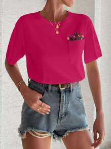 EURMUSE 100%Cotton T-Shirt With Flower Embroidery, Round Collar, Pocket Details - Hot Pink - View 6