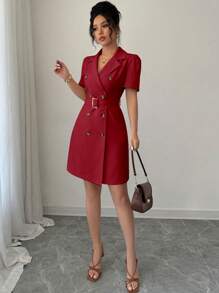 Rafferiza Women's Simple Solid Color Lapel Tie Waist Double Breasted Short Puff Sleeve Dress, Summer - Red - View 5