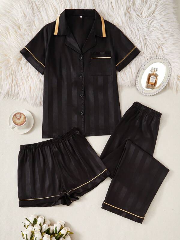 LuxeNights Conjunto de pijama de 3 piezas de mujer con rayas de jacquard de seda sintética, conjunto de pijama de verano con top, shorts y pantalones con ribetes en contraste, para vacaciones