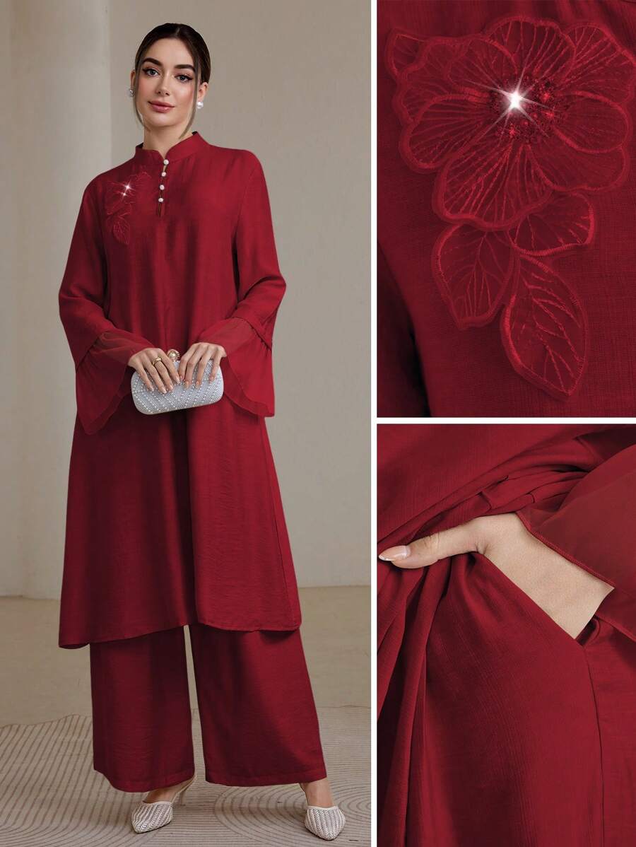 Graceveil 2pcs/Set Women Elegant Stand Collar Ruffle Cuff Long Sleeve Set Modest Fall Cloth For Women - Burgundy - View 1