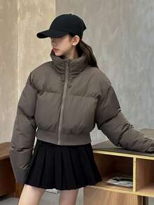 DAZY Mantel Pendek Kasual Warna Polos Berbantalan, Desain Korea Estetik untuk Remaja Putri - Grey - View 6