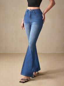 SHEIN EZwear Fashionable Embroidered Stretch Denim Flare Pants - Medium Wash - View 4