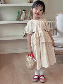 DAZY Young Girls Round Neck Short Sleeve Casual Dress, Young Girl Autumn Clothes - Apricot - View 1