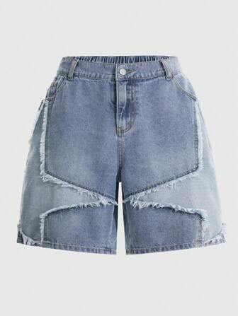 Street Life Short en jean pour femmes grandes tailles, casual, lavé, avec motif d'étoiles bicolores et ourlet effiloché